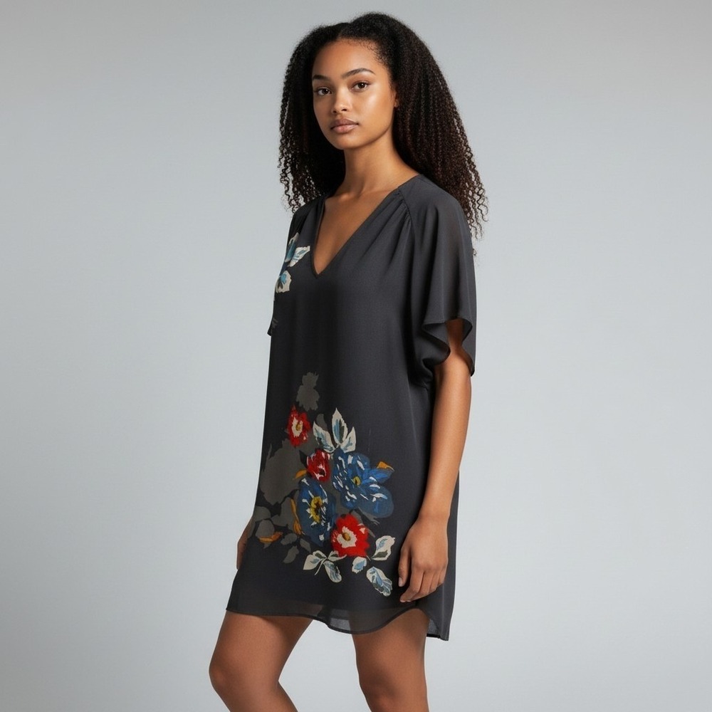 Cabi Womens Floral V-Neck Chiffon Tunic Mini Black Short Flutter Sleeve Large